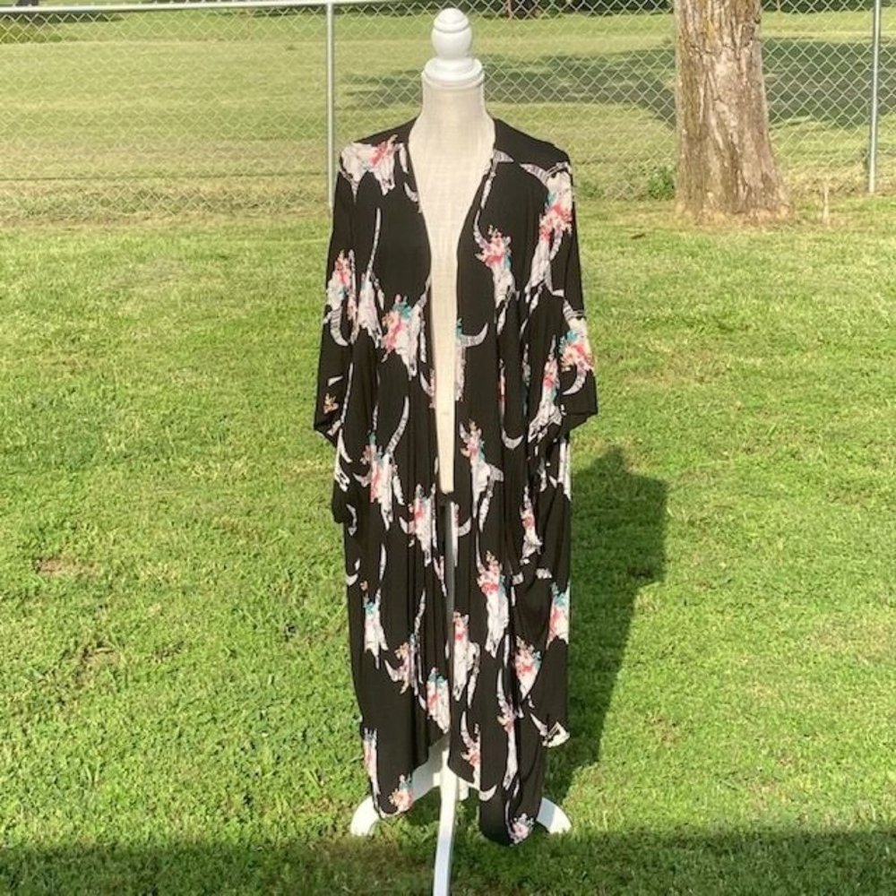 Angie Plus Size Black with Cowhead Pattern Open Rayon Cardigan - Size 2X